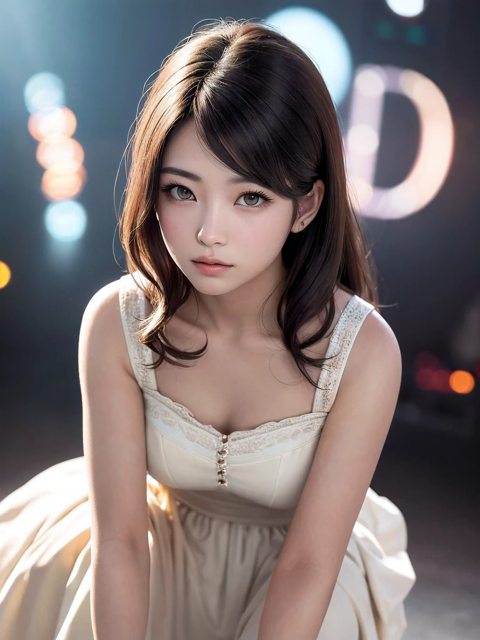 A woman posing in a white dress and a purple line dress、idol singer、stage、23 years old、Mei Nagano、（Natural and detailed face standing、beautiful and detailed eyes、beautiful and dense lips、very detailed eyes、detailed face、long eyelashes）（8K resolution）、High resolution、masterpiece：1.2 )、Super detailed、(real、photorealistic、photorealistic: 1.37)、princess cut、belle delphine、dress、8K、fantastic lighting、bright colors、squatting down