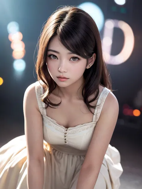 A woman posing in a white dress and a purple line dress、idol singer、stage、23 years old、Mei Nagano、（Natural and detailed face sta...
