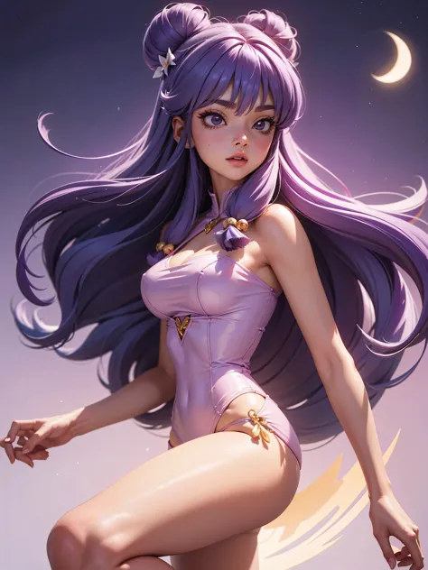 Garota anime de cabelo purple com saia vestido longo purple meio transparente e espartilho, 16 anos, corpo bonito, seios grandes...