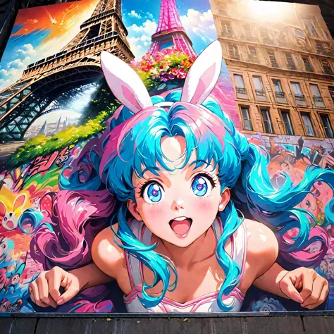 A mural of graffiti white rabbit BunnyGirl comic in a realistic building Eiffel. (best quality,realistic),(close-up),(anime artw...
