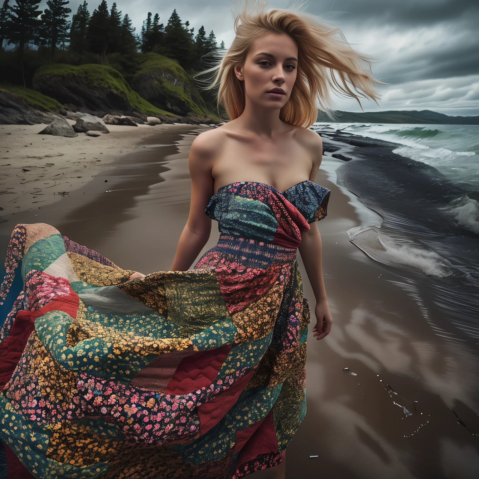 Best Quality Masterpiece Award Winning Photo Upper Body Woman Freckled Face Blonde Hair Windblown Blonde Emerald Eyes Strapless Dress Modern by Jeremy Lipking by Antonio J. Manzanedo by lee jeffries Nikon D850 film stock photo 4 camera kodak portra 400 lens f1.6 Rich Colors Realistic Textures Ultra-realistic Dramatic Lighting Unrealistic Mechanisms Art Station Cinestill 800 Trends,  fisheye lens, quilt style, Windy beach, Scottish lake, forest