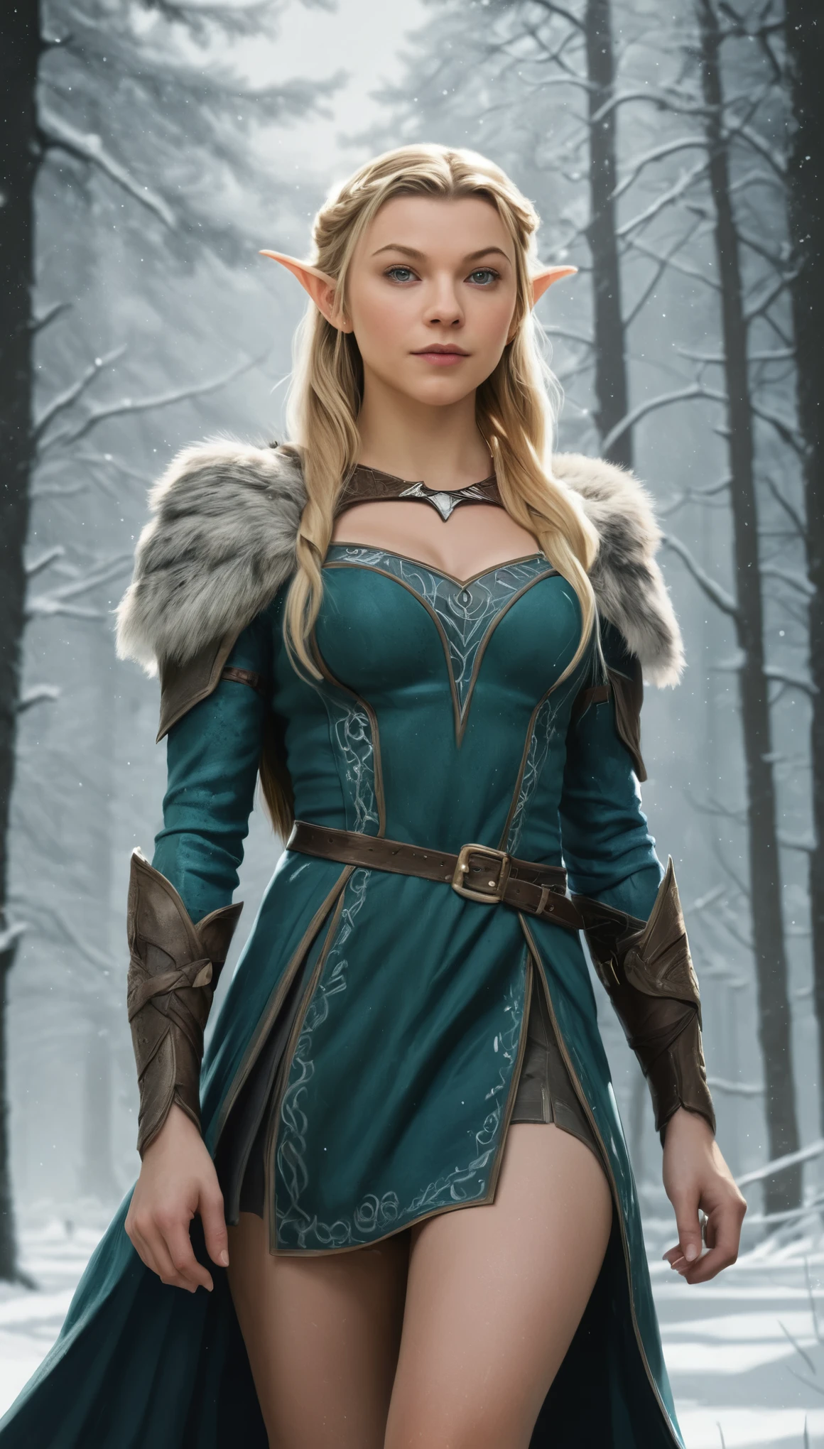 An illustrated movie poster, hand-drawn, full color, a teenage elven girl, wearing a Christmas tunic, resembles Natalie Dormer, sun-tanned complexion, very tall, athletic body, hourglass figure, curvy, toned midriff, bottom-heavy, generous hips, massive bubble-butt, long legs, ridiculously thick powerful thighs, long pointy elf ears, blonde hair, long loose waves, posing in a snowy boreal forest, hard shadows, graphite shading, stencil marks, airbrushed acrylic paint, masterpiece, in the style of Skyrim 