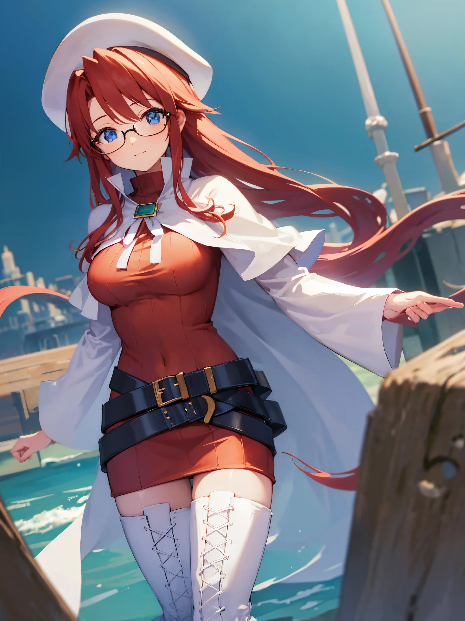 summonnightaty, aty, long hair, blue eyes, red hair, beret, hat, glasses,
BREAK long hair, thighhighs, hat, dress, boots, glasses, belt, cape, sweater, zettai ryouiki, beret, thigh boots, white footwear, ribbed sweater, loose belt,solo,
BREAK outdoors, fantasy,on_a_ship,
BREAK (masterpiece:1.2), best quality, high resolution, unity 8k wallpaper, (illustration:0.8), (beautiful detailed eyes:1.6), extremely detailed face, perfect lighting, extremely detailed CG, (perfect hands, perfect anatomy),covered_nipples,covered_navel,light_smile ,(half_eyes:1.4),sword,armpit,sleepy,dynamic_standing,barrel,red_sweater,apart_legs,magical_effect,back,