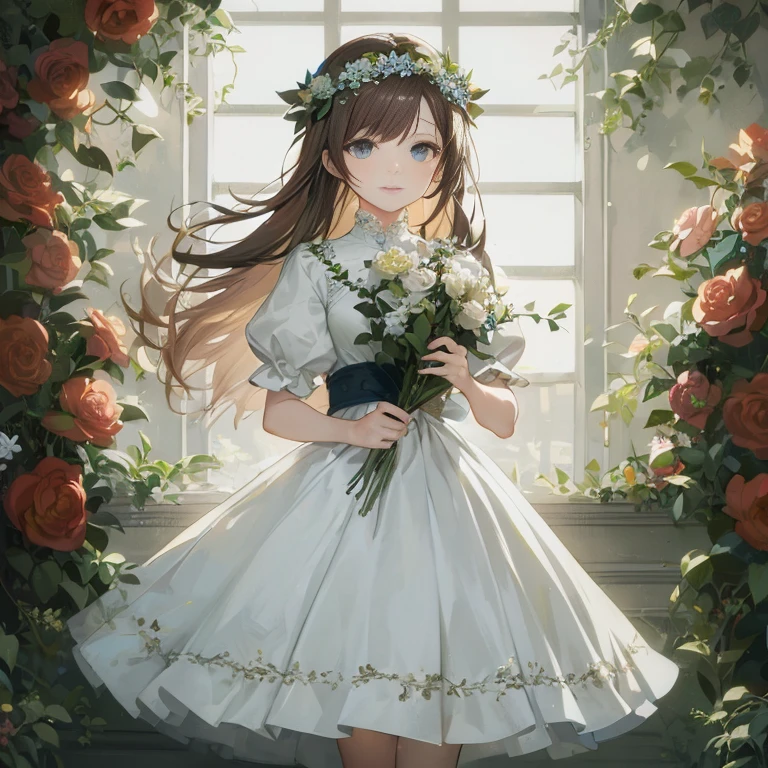 anime girl in white dress holding flowers in front of window,  in dress, guweiz on pixiv artstation, portrait of lolita, guweiz, guweiz on artstation pixiv, cute anime waifu in a nice dress, guweiz masterpiece, with flowers, marin kitagawa fanart, queen of flowers, official artwork, beautiful maiden