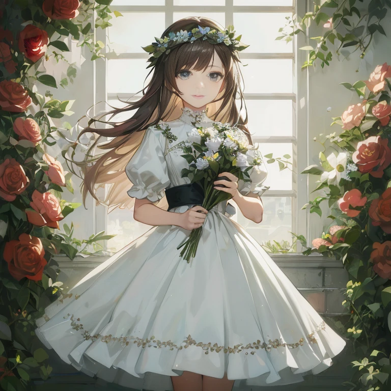 anime girl in white dress holding flowers in front of window,  in dress, guweiz on pixiv artstation, portrait of lolita, guweiz, guweiz on artstation pixiv, cute anime waifu in a nice dress, guweiz masterpiece, with flowers, marin kitagawa fanart, queen of flowers, official artwork, beautiful maiden