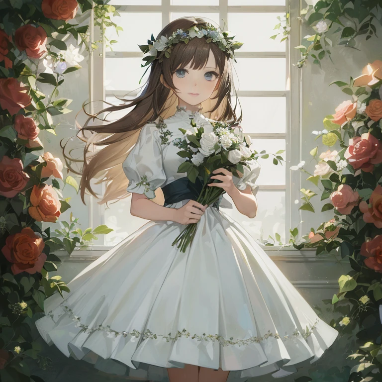 anime girl in white dress holding flowers in front of window,  in dress, guweiz on pixiv artstation, portrait of lolita, guweiz, guweiz on artstation pixiv, cute anime waifu in a nice dress, guweiz masterpiece, with flowers, marin kitagawa fanart, queen of flowers, official artwork, beautiful maiden