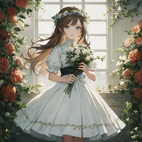 anime girl in white dress holding flowers in front of window,  in dress, guweiz on pixiv artstation, portrait of lolita, guweiz,...