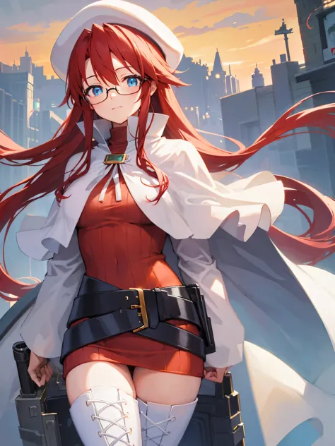 summonnightaty, aty, long hair, blue eyes, red hair, beret, hat, glasses,
break long hair, thighhighs, hat, dress, boots, glasse...