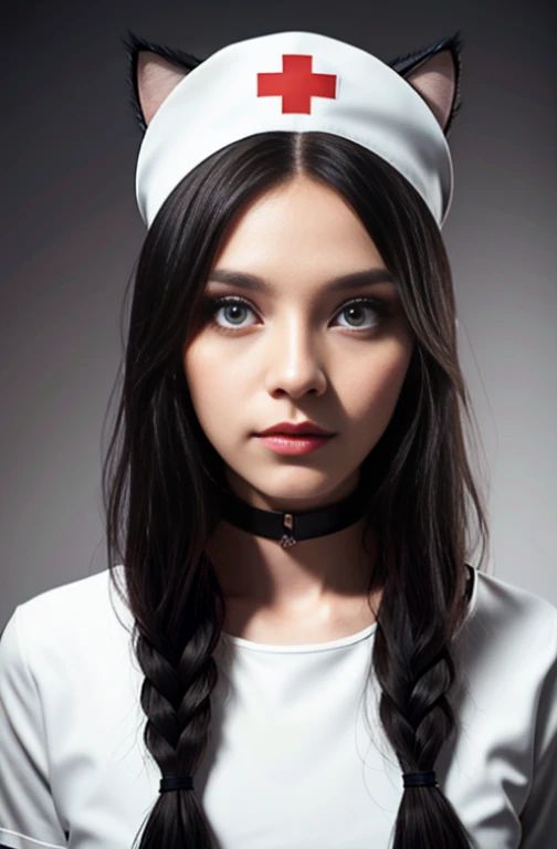 long hair, low-tied long hair, Nurse hat, Eye ball, Wide eyes, Cat ears, makeup, Surrealism, Surrealism, Contemporary art, realism, image Fill, idea, Lighting and illumination, First-person view, F/1.8, Ultra clear, Masterpiece, 16 kg, 8k