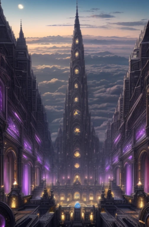 ((Masterpiece)), Best quality, (8k, Best quality, Masterpiece:1.2), Very detailed, clarification, Big fantasy city, Sci-fi, An ethereal city, Floating city, Many planets in the sky, Clouds around, Celestial architecture, Purple energy wailed around her, Giant castle in the center, Starry sky