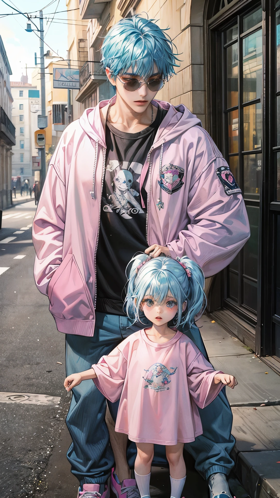 Chica y chico blue hair trägt einen rosa Kapuzenpullover and sunglasses, Urbane Mode, wearing Straßenkleidung ciberpunk, Straßenkleidung ciberpunk, trägt einen rosa Kapuzenpullover, mujer en Straßenkleidung, ella lleva Straßenkleidung, Straßenkleidung, trägt einen pastellrosa Kapuzenpullover, Mädchen mit Kapuzenpullover, Cartoon-Kunststil, Cartoon-Stil, Beeple und Jeremiah Ketner, rosa Kultfigur, Straßenkleidung, Straßenkleidung