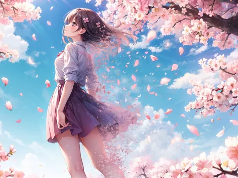 (masterpiece), best quality, 1girl, solo, On a bright spring afternoon, a girl stood under the cherry blossom tree and looked ba...