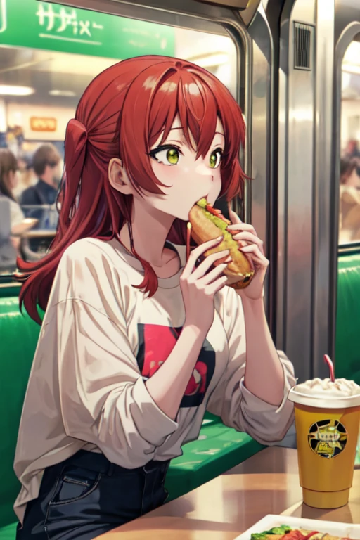 Kita ikuyo eating a subway on a subway restaurant sitting on the table using a teenager girl causal clothes and enjoying her subway