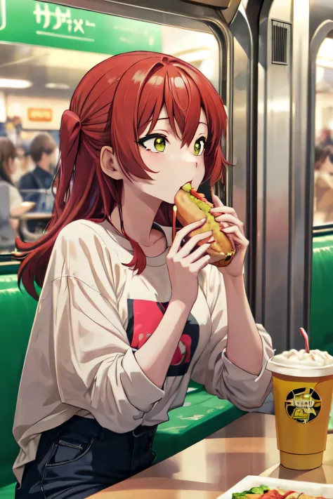 kita ikuyo eating a subway on a subway restaurant sitting on the table using a teenager girl causal clothes and enjoying her sub...