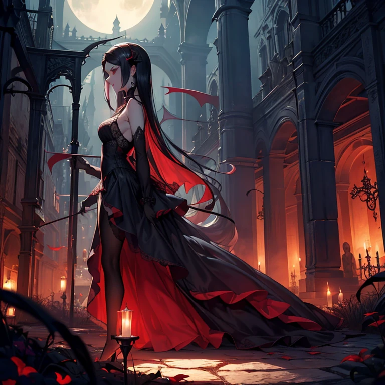 cute vampire, Intense red eyes, very long hair (Fluttering) pale skin, small, pointy breasts, slim, elegant arms and legs, Lustful look, insinuating smile, wearing a thin red sweater (very see-through) walking in a garden under the light of a full moon (red moon) (Masterpiece artwork) (sweater with fine and intricate embroidery) (gothic beauty) complete body, profile rear view, HD8K quality