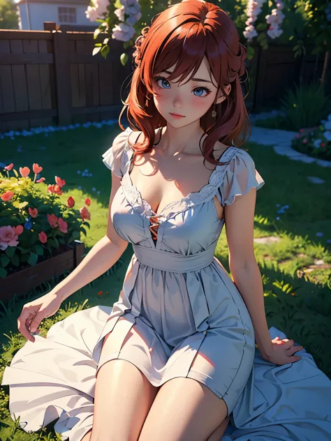 (highest quality, 3d, High resolution, realistic),Cute redhead girl blushing,kneel in a blooming garden,adorable, Lovely, long d...