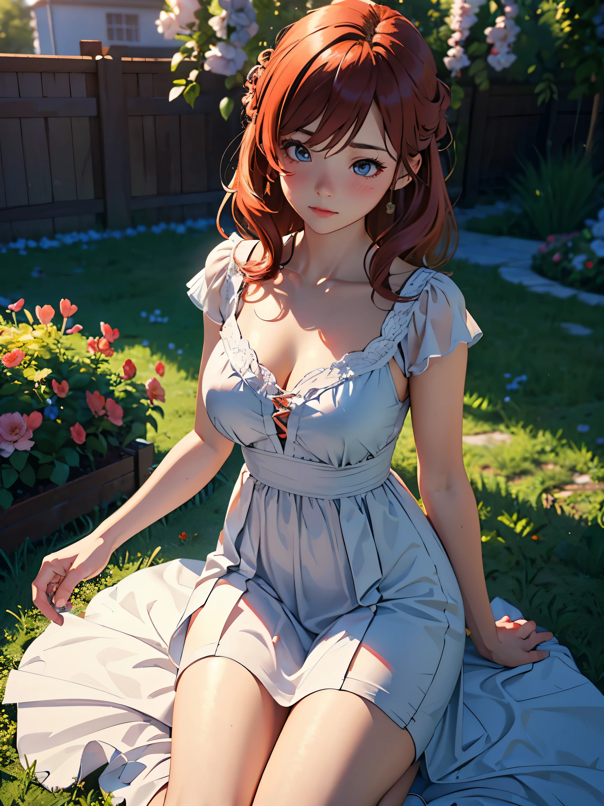 (la plus haute qualité, 3D, haute résolution, Réaliste),Jolie fille rousse rougissante,s&#39;agenouiller dans un jardin fleuri,adorable, Adorable, porter une robe longue,attractif,amour, Atmosphère paisible,bois々La douce lumière du soleil brille entre les deux,brise,Fleurs tendres,Comment créer des scènes captivantes.[chiffre]
