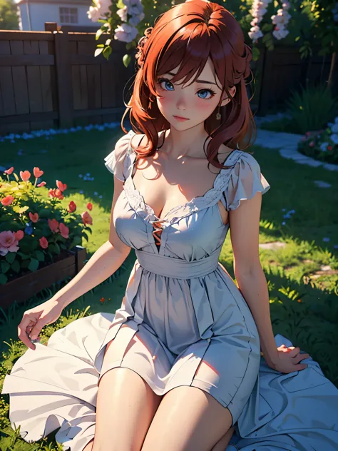 (highest quality, 3d, High resolution, realistic),Cute redhead girl blushing,kneel in a blooming garden,adorable, Lovely, long d...