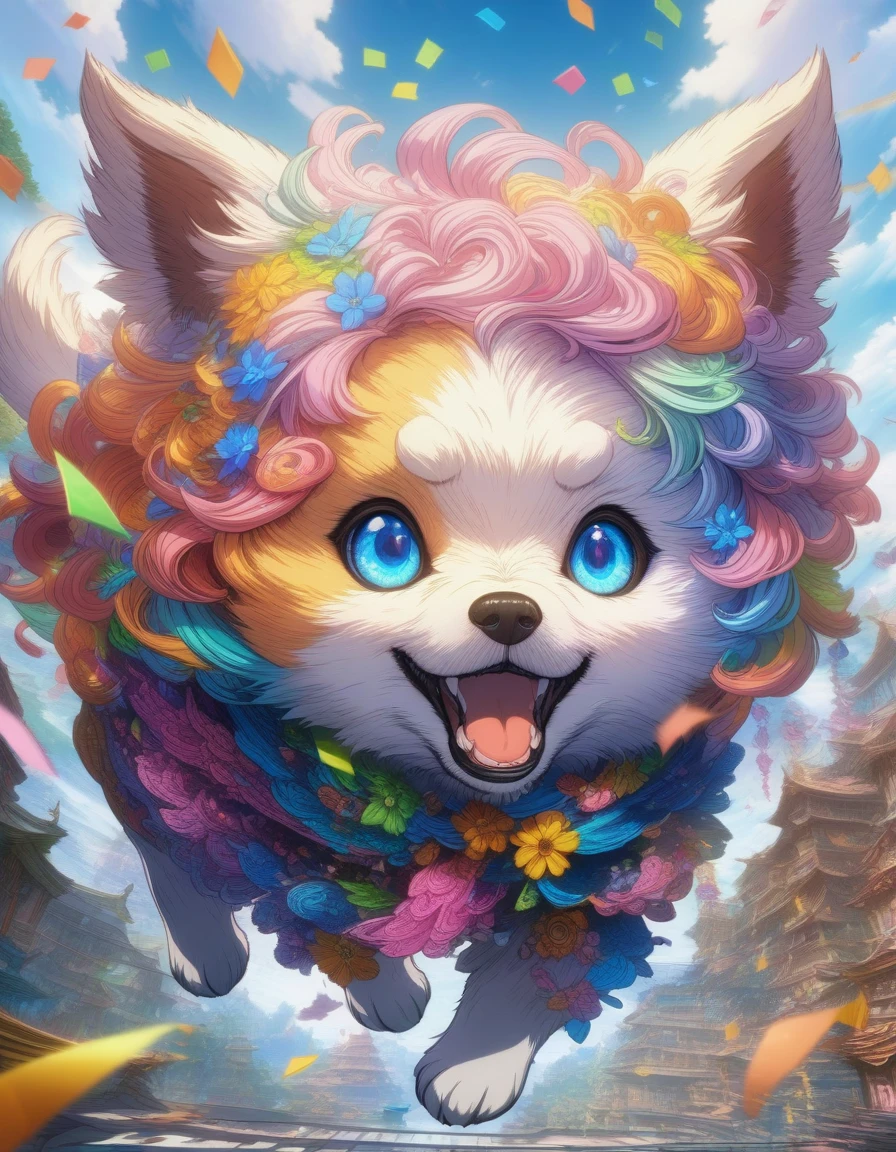 1dog, Cute puppy excitedly playing in swirling cloud of colorful confetti at festival, confetti raining down around happy puppy, hyperdetailed, detailed matte painting, Unreal Engine 5, beautiful composition, deep color, fantastical, intricate detail, fantasy concept art, 8k resolution, HD resolution . (masterpiece), (best quality), (ultra-detailed), very aesthetic, illustration, disheveled hair, perfect composition, moist skin, intricate details, anime artwork, anime style, visual, vibrant, studio anime, highly detailed, aesthetic