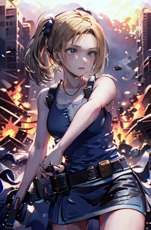Masterpiece, Best quality, Bubbles, Blue dress, Blonde pigtails, east face, Insanely detailed eyes, Intense look, Fighting position, Destroyed city, Distant fires, Rising smoke, 