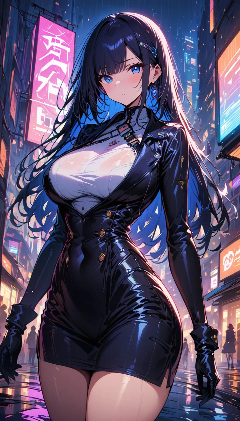 masterpiece, highest quality, 1girl, solo, big large breasts, slender waist, thick thighs, looking at the viewer, long hair, dark blue hair, blue eyes, straight hair, Side-Swept Bangs hairstyle, Trench coat 