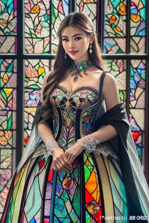 ((masterpiece, highest quality,High resolution、8K,UHD,edge quality)),(1 girl:1.1) ,delicate face、detailed eyes and face、double eyelid、pretty face、rembrandt lighting,smile、edge FD, (a dress made out of stained glass:1.3) ,woman wearing edge FD, fantasy_dress、very detailed fantasy dress、(full body shot)
 