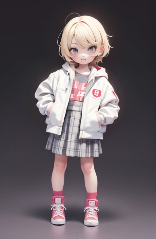 Masterpiece, High quality, little boy, Hold the long skirt checked, digital camera, White jacket, blond, Head forward, Looking at the camera, Full body, Center of the screen