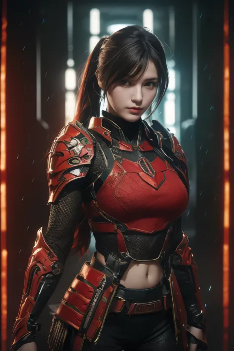 tmasterpiece,Best quality,A high resolution,8K,(Portrait photograph:1.5),(ROriginal photo),real photograph,digital photography,(Combination of cyberpunk and fantasy style),(Female soldier),20 year old girl,random hair style,By bangs,(Red eyeigchest, access...