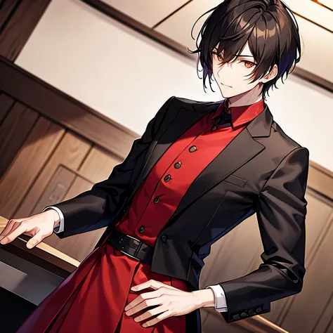 Tall guy dressed in a red and black bartender outfit, shoulder length black wolf cut hair. 