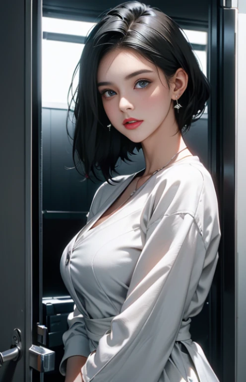 1 woman, Black hair, Blue pupils, وجه precise, cute, Love earrings, White dress, Standing at the door of the police station, playful, Ultra precise, Masterpiece, Best quality, Superior detail, precise