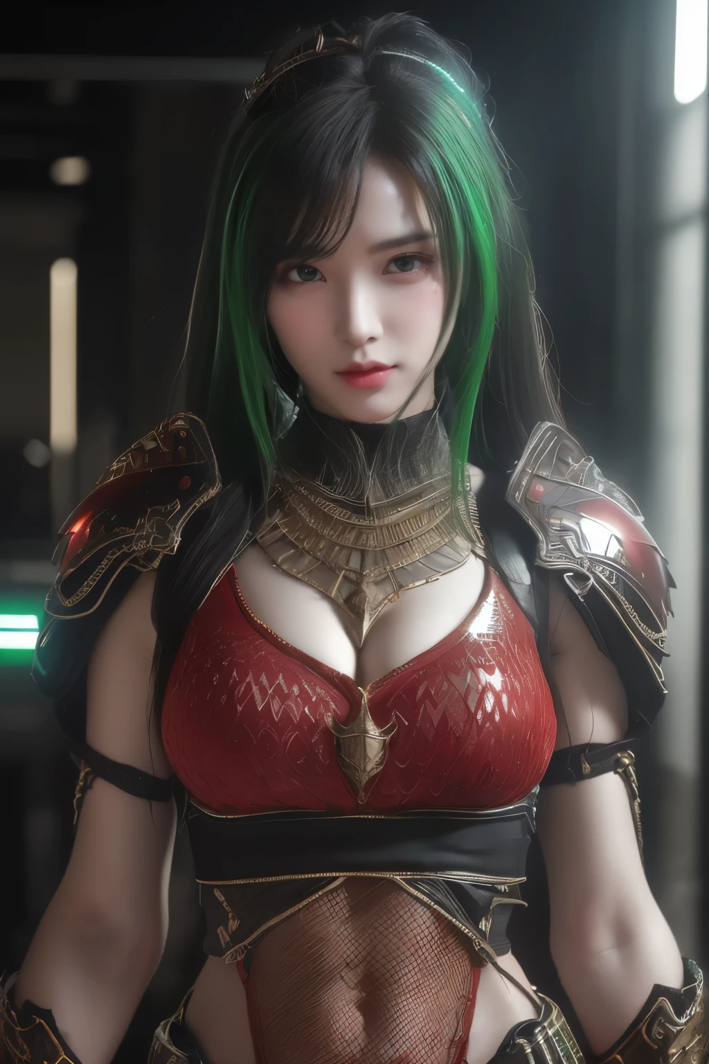 tmasterpiece,Best quality,A high resolution,8K,(Portrait photograph:1.5),(ROriginal photo),real photograph,digital photography,(Combination of cyberpunk and fantasy style),(Female soldier),20 year old girl,random hair style,By bangs,(Red eyeigchest, accessories,Redlip,(He frowned,Sneer),(Cyberpunk combined with fantasy style clothing,Openwork design,joint armor,police uniforms,Red clothes,Green),exposing your navel,Photo pose,Realisticstyle,Thunder and lightning on rainy day,(Thunder magic),oc render reflection texture