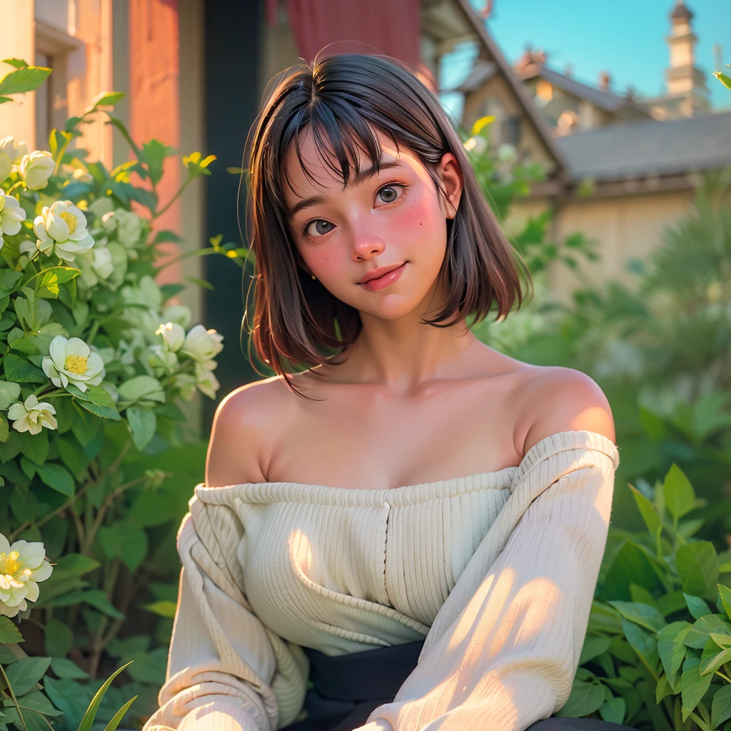 (8 k, RAW photo, Best quality, Owner:1.2), (realistic, photo-realistic:1.37), ultra-detailed, 1 girl, Cute, One, beautiful detailed sky, detailed face, night, is sitting, meet, (blushing), (smile: 1.1), (Shut up), Big breasts, beautiful gentle eyes, clasped, unbuttoned, (collared shirt: 1.1), the bow tie, pleated skirt, (short hair: 1.2), loose hair, long eyelashes, eyeshadow, Small face, big eyes, Full-length shot, bare shoulders, in a blooming garden.