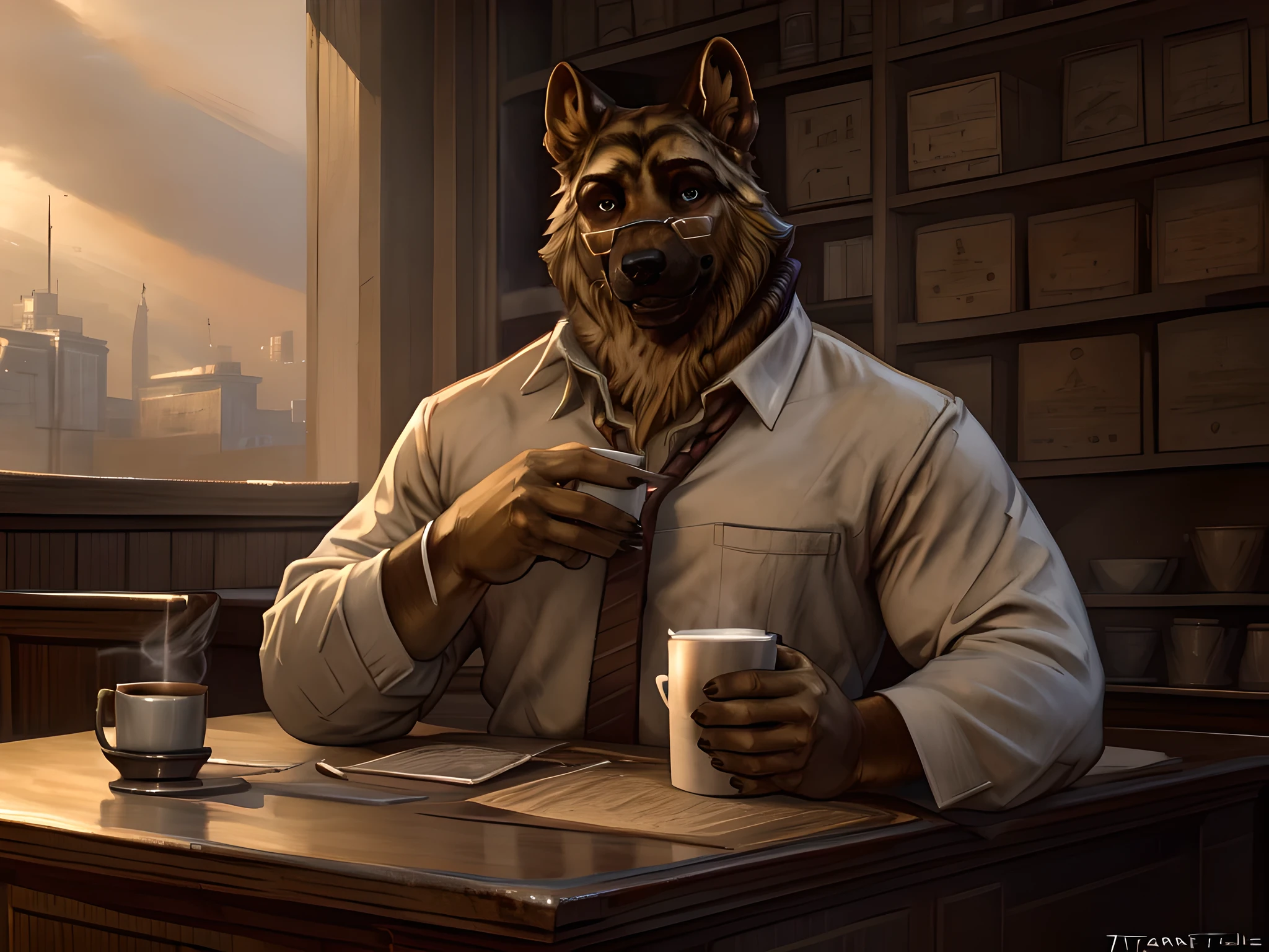 smirnov, 4k, high resolution, best quality, posted on e621, solo, anthro body, male, adult, masculine, muscular, correct anatomy, correct proportions, detailed, (by Taran Fiddler, by Rukis), (sitting at cafe), tender smile, speaking mouth, looking at viewer, epiCSepia, soft lighting, coffee cup in hand, romantic
