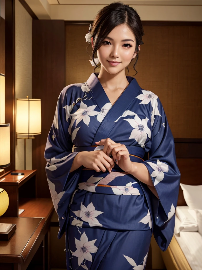 1 schöne Frau, verführerisch sexy, Verführerische Fülle:1.3, Brünette, Glattes Haar, Schüler funken, Lange obere Wimpern, (Yukata im Hotel tragen:1.5), Zimmer im japanischen Stil im Hotel, Futon, Verführerisches Lächeln, leichtes Erröten, Ohr erröten, verführerischer Ausdruck, sexy necken, Hochwertige Kleidung, schöne und zarte Kleidung, Superdetail-Gesicht, hohe Detailtreue und zarte Augen, ((präzise Gliedmaßen)), ((richtiger Finger)), (super strukturierte Haut), hochwertiger Hintergrund, preisgekrönt, Meisterwerk, Anatomisch korrekt, Retina, highres, UHD, 16k, 8k