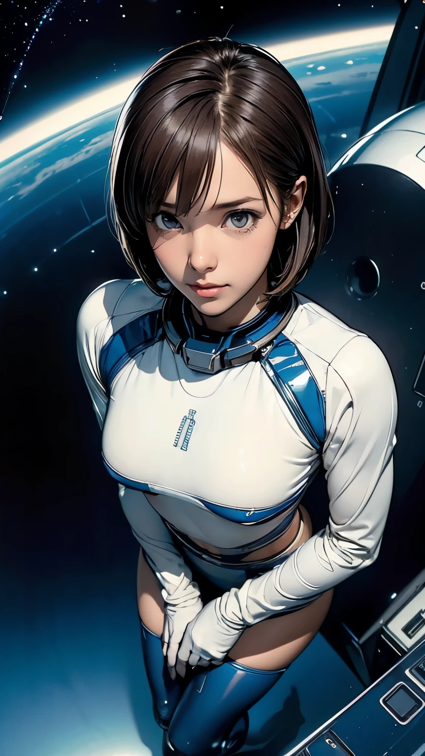 ((masterpiece, highest quality, highest resolution, clear_image, Detailed, Angle from above, woman in a spaceship)), full body figure, 15 year old girl, small face, thin, super short bob cut hair, blue colored eyes, blue and black extra shiny pilot suit, tight-fitting clothes, clothes that cover the whole body, tight fit pants, very delicate and beautiful, hide thighs, hide butt, cute type, gentle smile, soft expression, headset, knee high boots, gloves up to the elbow, eye level shot, face directly, ((cinematic, Interstellar film still))