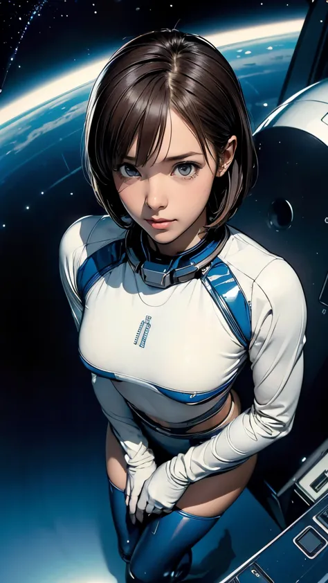 ((masterpiece, highest quality, highest resolution, clear_image, Detailed, Angle from above, woman in a spaceship)), full body figure, 15 year old girl, small face, thin, super short bob cut hair, blue colored eyes, blue and black extra shiny pilot suit, t...