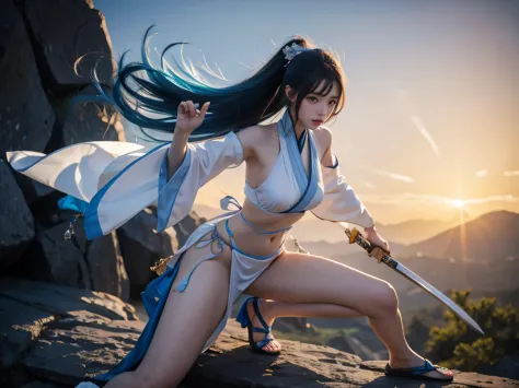 4k,woman 18 year olds, she wears a very sexy and thin white hanfu outfit, revealing her chest and pussy,she has blue hair that r...