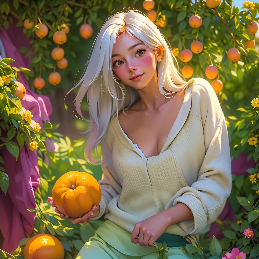 ((1 girl with an open face), (full-length, very cute)). ((young white girl, white hair),(NSFW), (orange:1.1, white:1.3, yellow:1.3), ((8K, RAW photo, Best quality, owner:1.2), (realistic, photo-realistic:1.37), ultra-detailed, 1 girl, cute), (Alone, beautiful, detailed face)). ((Night, sitting, meeting, (blushing), (smile: 1.1), (Shut up), beautiful peach breasts, tender eyes, unbuttoned, (shirt with collar: 1.1), (Pleat skirt), (loose hair, long eyelashes, eye shadow, small face, big eyes, full-length shot, bare shoulders, in a blooming garden)). ((bare parts of the body), (down jacket: 1,2), (Body jacket, thong, short T-shirt )). ((flowers, fruits)).((Perfect, beautiful), (picturesque background, attention to detail of the girl's face, figures, flowers)). ((artistic digital painting 8k, photorealistic concept art), (soft natural volumetric cinematic ideal warm light, cold shadows), (masterpiece)).