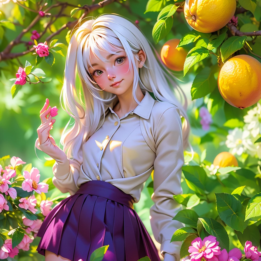 ((1 girl with an open face), (full-length, very cute)). ((young white girl, white hair),(NSFW), (orange:1.1, white:1.3, yellow:1.3), ((8K, RAW photo, Best quality, owner:1.2), (realistic, photo-realistic:1.37), ultra-detailed, 1 girl, cute), (Alone, beautiful, detailed face)). ((Night, sitting, meeting, (blushing), (smile: 1.1), (Shut up), beautiful peach breasts, tender eyes, unbuttoned, (shirt with collar: 1.1), (Pleat skirt), (loose hair, long eyelashes, eye shadow, small face, big eyes, full-length shot, bare shoulders, in a blooming garden)). ((bare parts of the body), (down jacket: 1,2), (Body jacket, thong, short T-shirt )). ((flowers, fruits)).((Perfect, beautiful), (picturesque background, attention to detail of the girl's face, figures, flowers)). ((artistic digital painting 8k, photorealistic concept art), (soft natural volumetric cinematic ideal warm light, cold shadows), (masterpiece)).