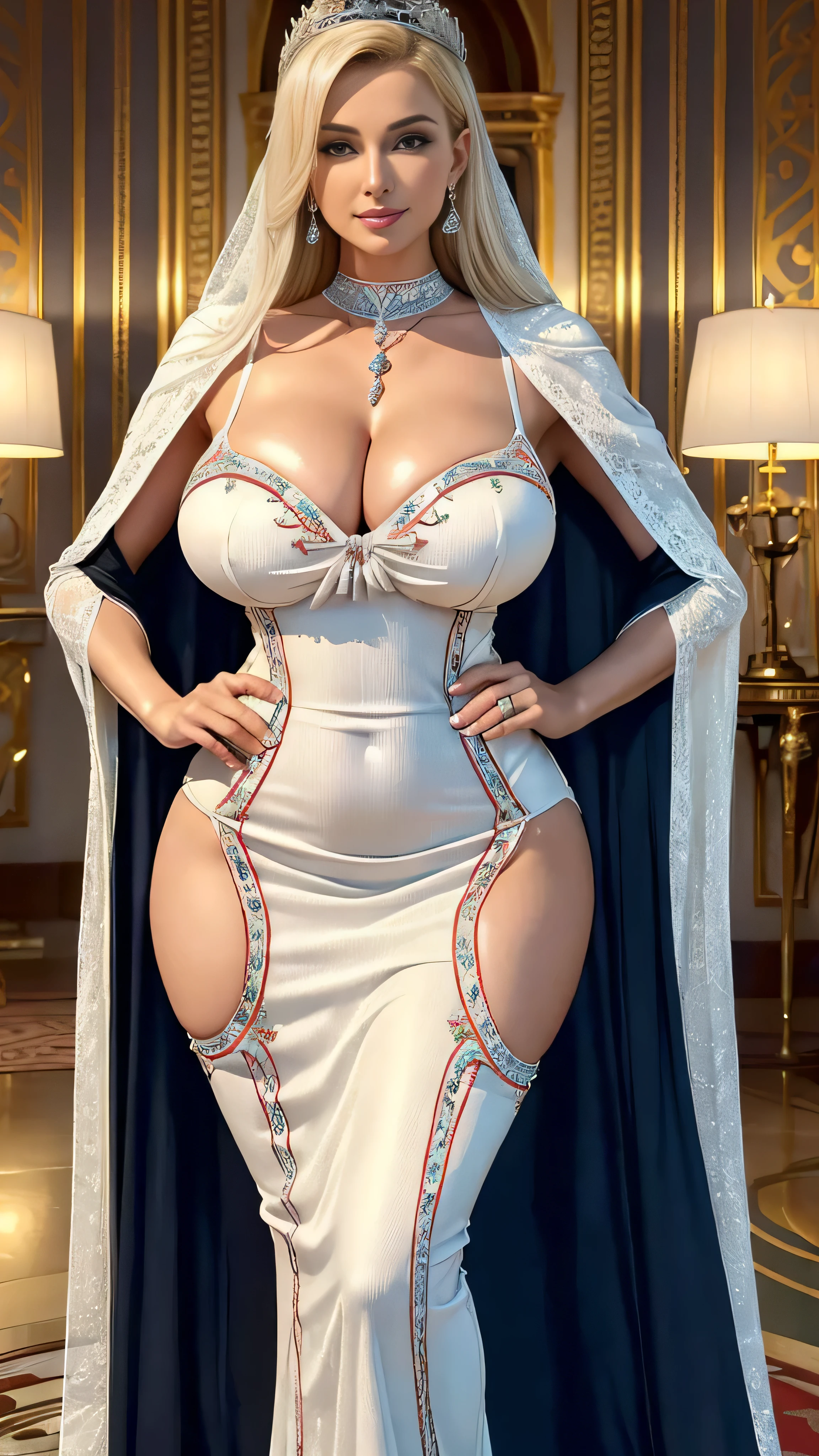 queen of nordic mature:1.30)、(Beautuful Woman:1.40)、A MILF、Beautiful women  full of pheromones、A bewitching MILF、(Huge breasts1.41)、(Sex appeal is  amazing)、Solo、looks like the queen of Estonia、wearing a richly decorated  veil、(wearing the sexy ...