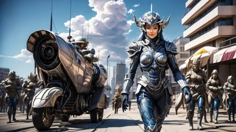 (best quality,4k,8k,highres,masterpiece:1.2),ultra-detailed, Alien Princess, Female Commander Invading a city with her Ranger tr...