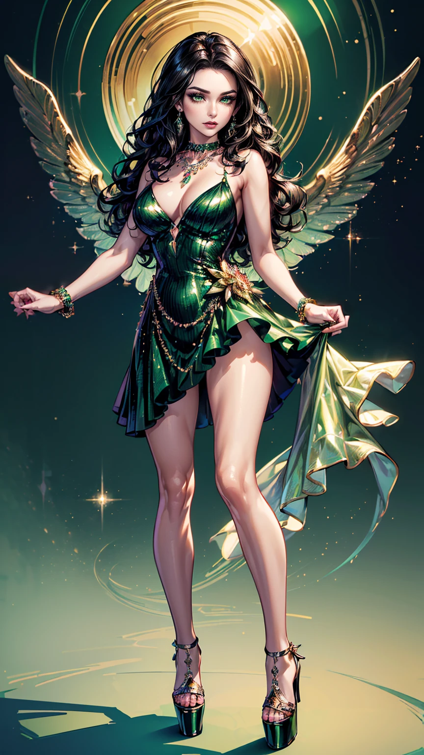 ((masterpiece, Best quality, A high resolution, ultra detailed),(beautiful and aesthetically pleasing:1.2), 1 woman, adult, perfect body, wavy black hair, ((green eyes)), detailed eyes and face, Full body, Glamorous  Look: Sequin mini dress, Statement necklace, Metallic clutch, Platform heels, Smokey eye makeup, Bold lip color