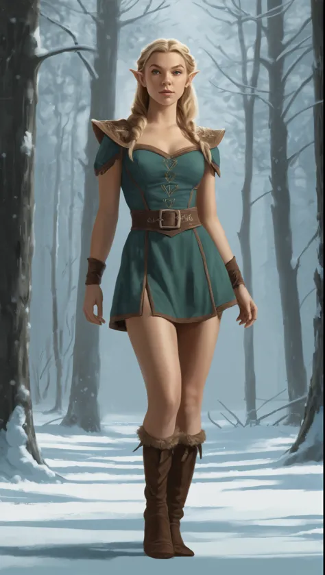 An illustrated movie poster, hand-drawn, full color, a teenage elven girl, wearing corduroy mini-dress, resembles Natalie Dormer...