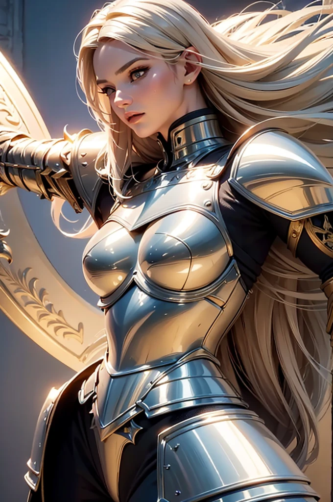 a close up of a woman in a sexy outfit with a sword, a 3D render by senior character artist, trending on Artstation, fantasy art, bikini armor female knight, armor girl, female knight, of a beautiful female knight, a sexy blonde warrior, deviantart artstation cgscosiety, beautiful female knight, gorgeous female paladin, valkyrie style character