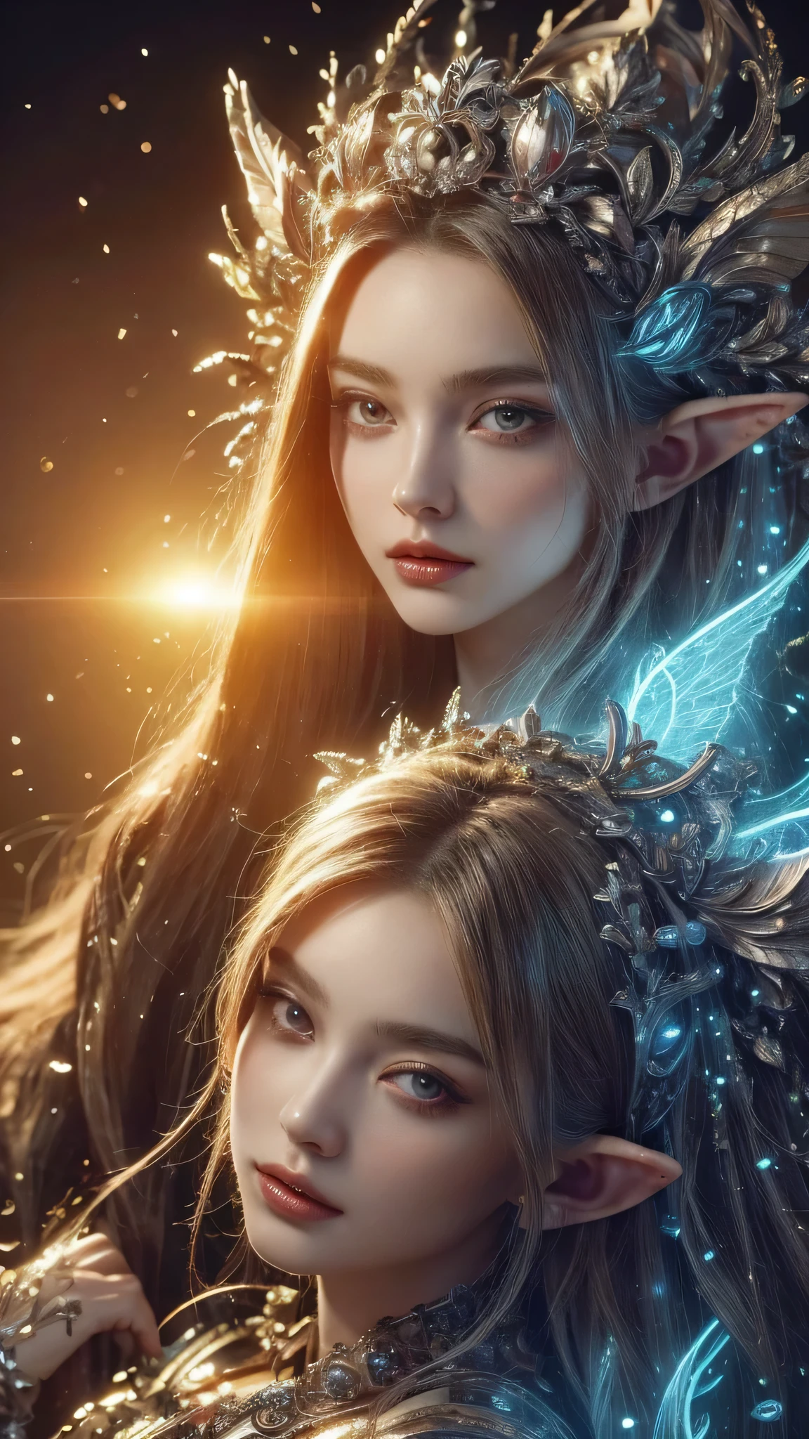 (Best quality, 4k, High-resolution, Masterpiece:1.2), Ultra-detailed, Realistic, Radiant lighting, Epoch Elves, Portraits, Fantastical colors, Fine art, Ethereal beings, Dreamlike, Whimsical creatures, Detailed facial features, Glowing beautiful eyes, pointy ears , Elven beauties, Ethereal glow, Mythical creatures, Harmonious composition, Dazzling colors, Stunning visual effects, Otherworldly appearance, Mesmerizing artistry,