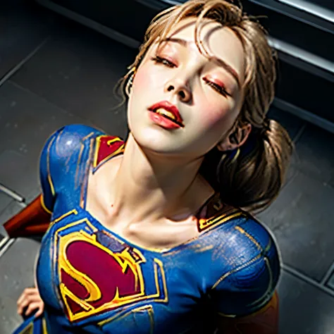 realistic, surreal, cinematic lighting, 32k, (one supergirl:1.0), (Accurate Supergirl costume)、gang bang、deep throat、(((The room is crowded with a lot of fat naked men.)))、(((Supergirl sits upright in front of the fat guys.)))、(((Supergirl has her hands ti...