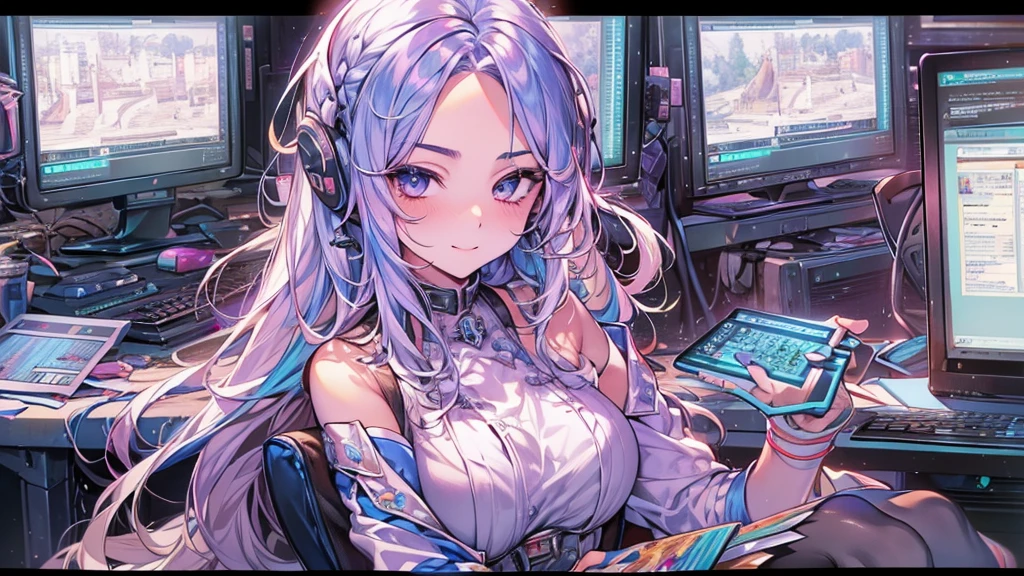 ultra-detailed, cute woman, petite stature, enormous breasts, white skin, alluring figure, rainbow hair, long messy hair, long upper eyelashes, eyebrows behind hair, upturned eyes, light blush, seductive smile, background((dark and messy gaming room, Server Machine, neon lights, Braces, some Computer screen, notebook)), messy paper, flight, Debris flying, writing border depth, Movie, Finished lunch box, Cup drinks, (((seated in a gaming chair))), ((sitting behind a computer)), ((Cross the feet)), (engrossed in staring at the computer screen:1.4), ((hands moving on the keyboard)), , , ((Blue jacket)), Open one shoulders, ((black short bandeau top)), ((white skirt), ((black thigh-high stockings)), ((screen light)), HDR, Premium shadow, Perfect painting, visual art, Perfect art, super detail, chiaroscuro, Best quality, super textured skin, super detail face, perfect face, Super fine facial details, beautiful and delicate eyes, perfect eyes, correct limbs, correct finger, super detail finger, best hair quality, best clothing quality, (((best prop quality))), ccurate, highres, super detail, masterpiece,, (photorealistic:1.3)