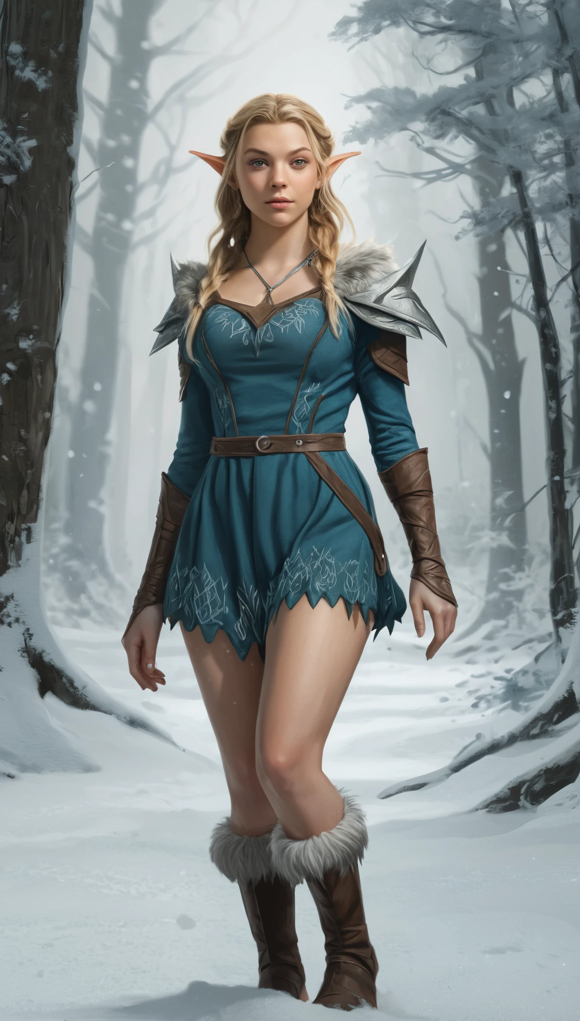 An illustrated movie poster, hand-drawn, full color, a teenage elven girl, wearing an overall shorts, resembles Natalie Dormer, sun-tanned complexion, very tall, Amazonian body, hourglass figure, curvy, toned midriff, bottom-heavy, generous hips, massive bubble-butt, long legs, ridiculously thick powerful thighs, long pointy elf ears, blonde hair, long loose waves, posing in a snowy boreal forest, hard shadows, graphite shading, stencil marks, airbrushed acrylic paint, masterpiece, in the style of Skyrim 