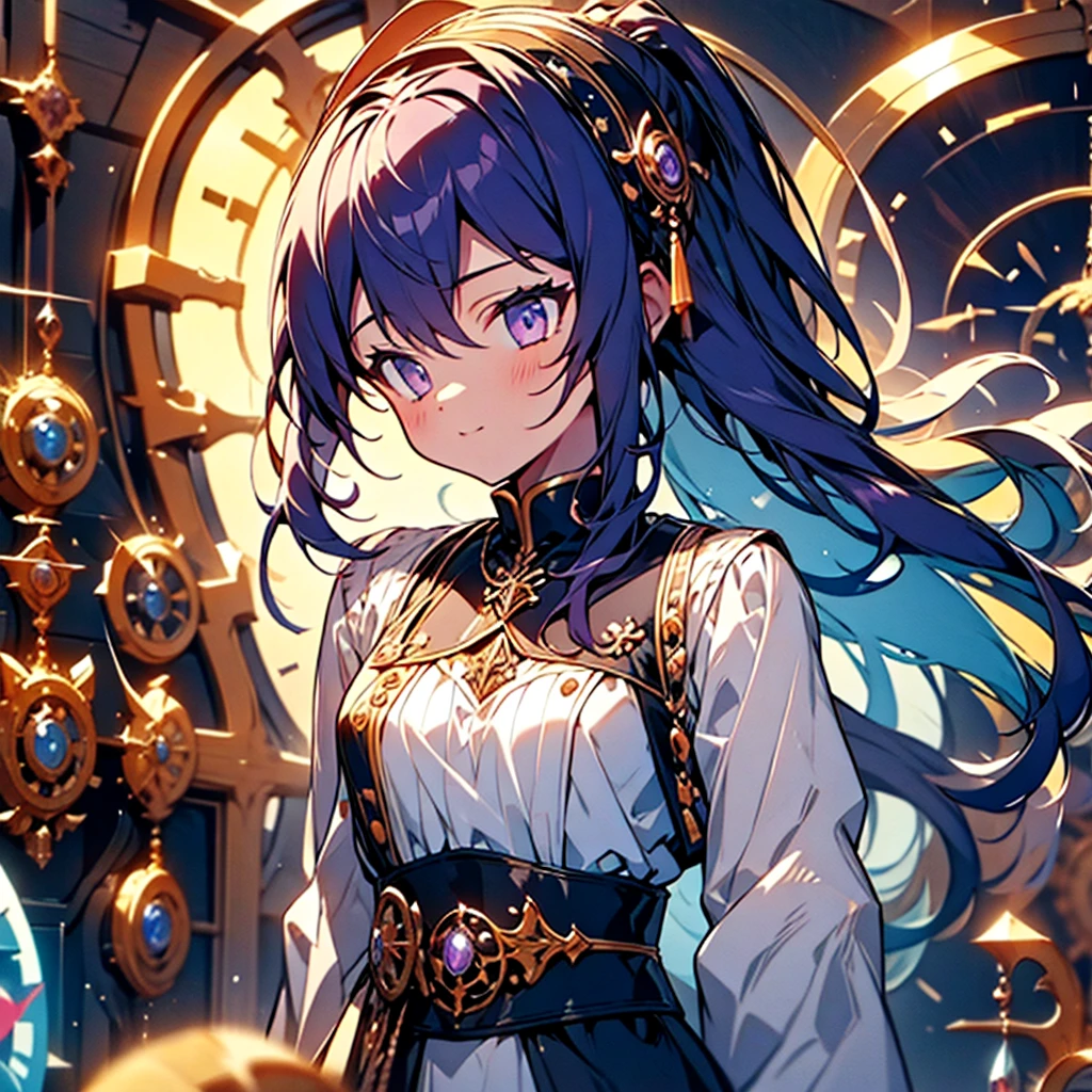 highest quality,(highest quality)),((table top)),((perfect face)),(background blur),Girl in white and light blue dress,purple eyes,purple hair, full body, ponytail,Brave,small breasts,fantasy,stained glass style,((holographic))