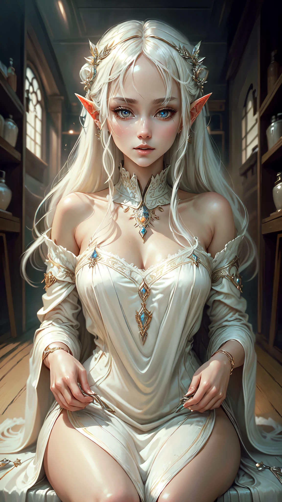 ((melhor qualidade)), ((Obra de arte)), (altamente detalhado:1.3),uma mulher cabelo branco franja elfo vestido acessórios de ouro branco, sentado tímido parece corado, rosto detalhado olhos detalhados, mãos detalhadas
